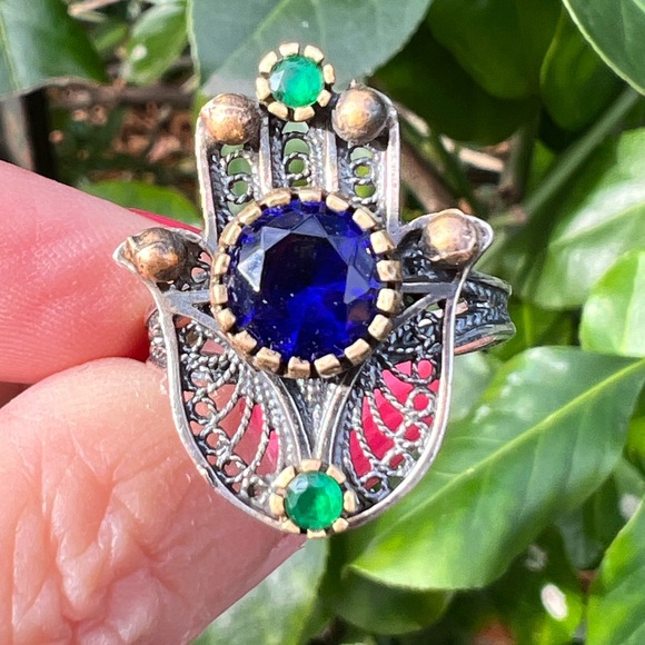 VINTAGE HAMSA VIVID BLUE GREEN PASTE GLASS STONES 925 STERLING SILVER UNIQUE